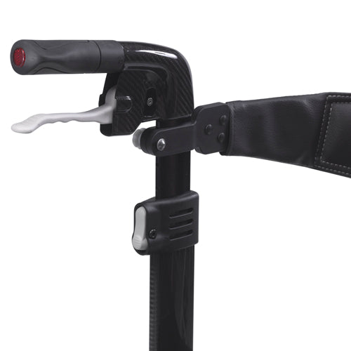 Close-up of a black bicycle handlebar with brake lever on a white background