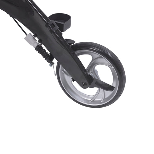 Close-up of a bicycle wheel and suspension fork on a white background
