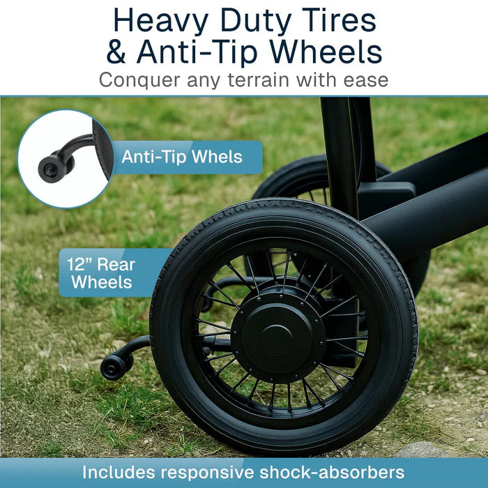 Heavy-duty tires and anti-tip wheels of a vehicle on grass with text highlighting features.