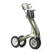 Green rollator with a basket on a white background