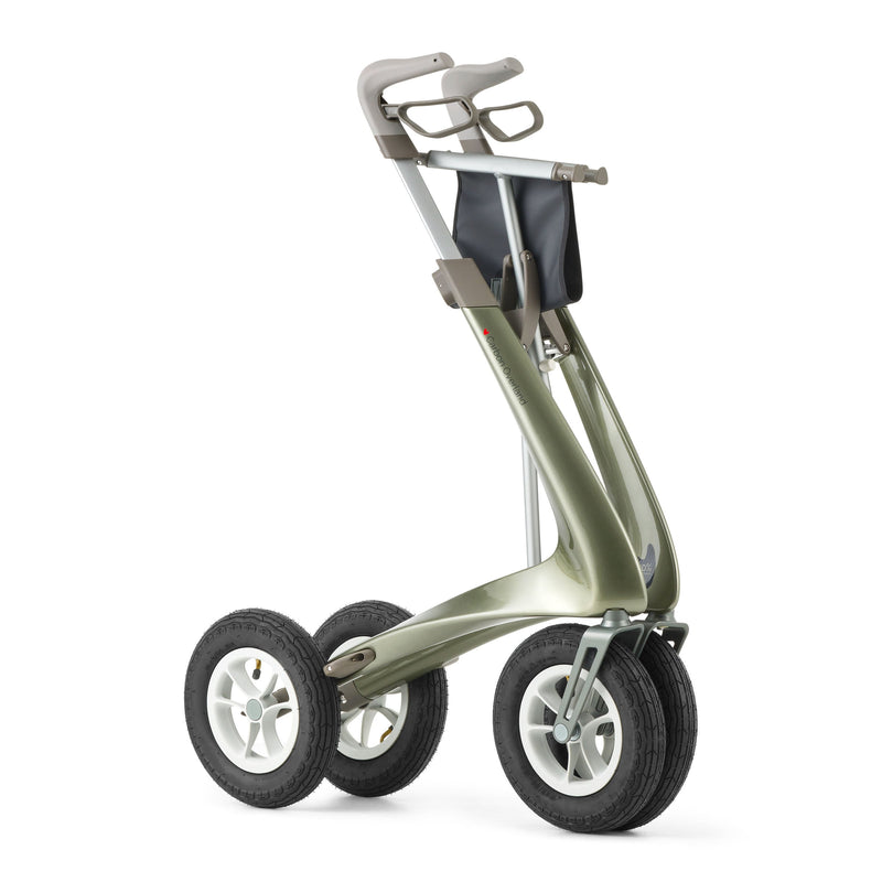 Green rollator with a basket on a white background