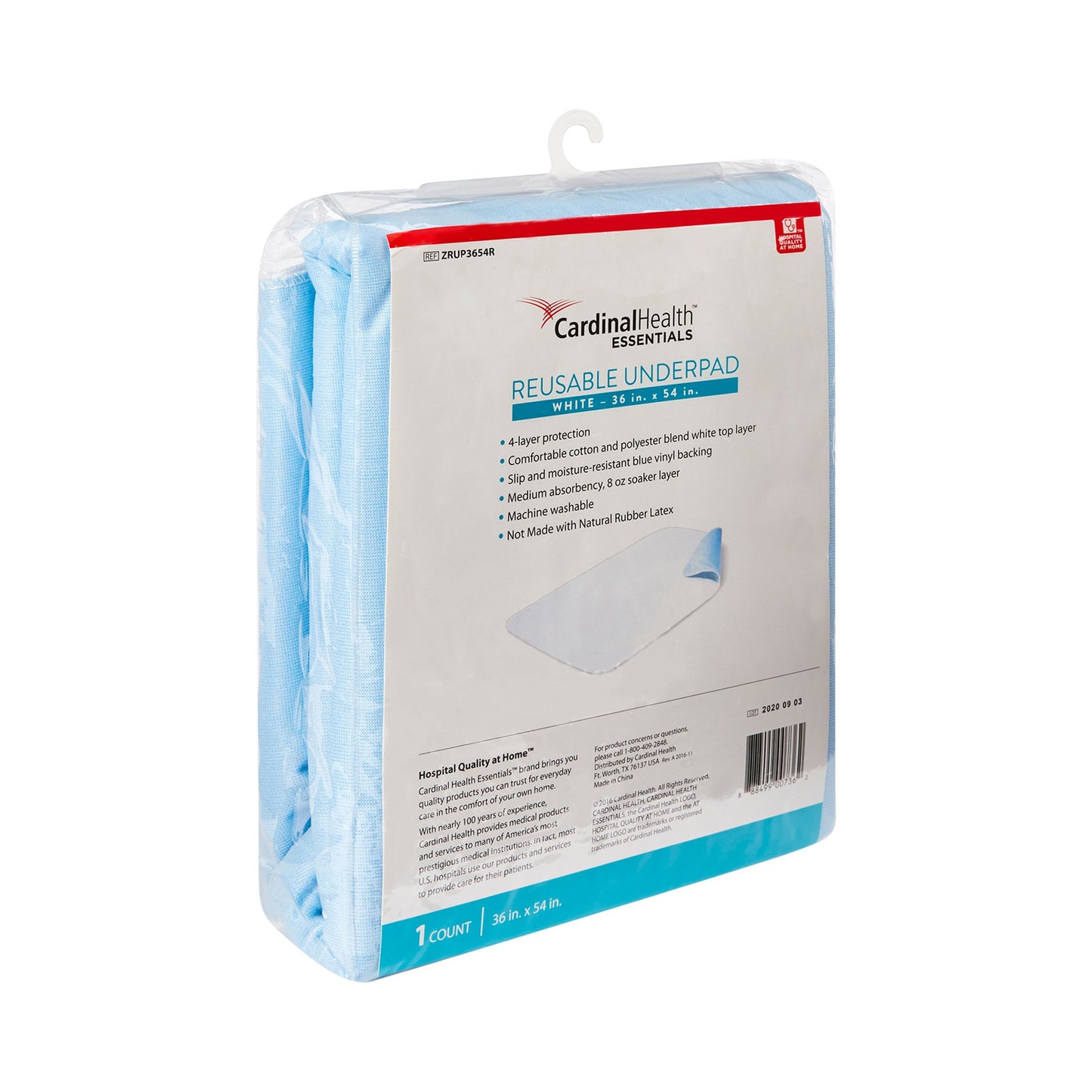 Packaged reusable underpad with Cardinal Health branding on a white background