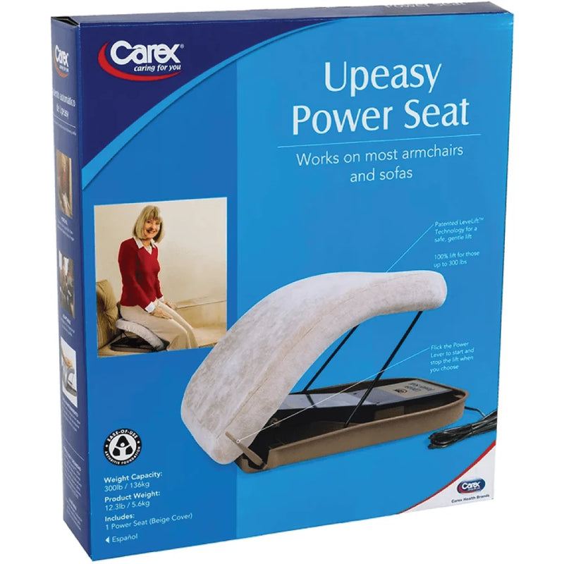 Carek Upeasy Power Seat retail packaging box, featuring a blue design with product imagery of a beige upholstered power chair and a small lifestyle inset photo of a woman sitting on the chair.