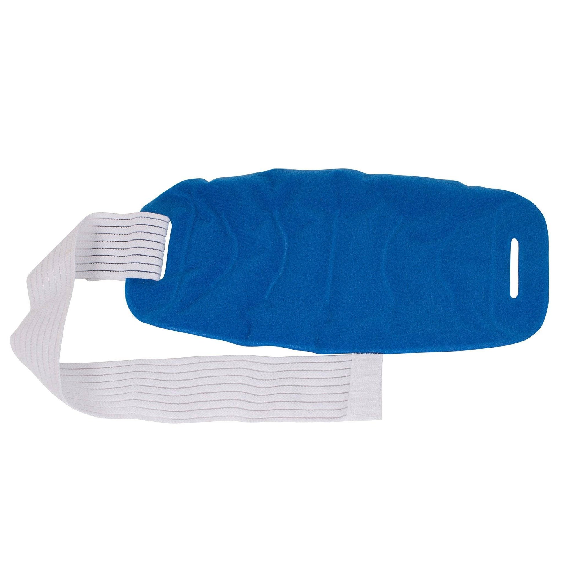 Blue ice pack with a white strap on a white background