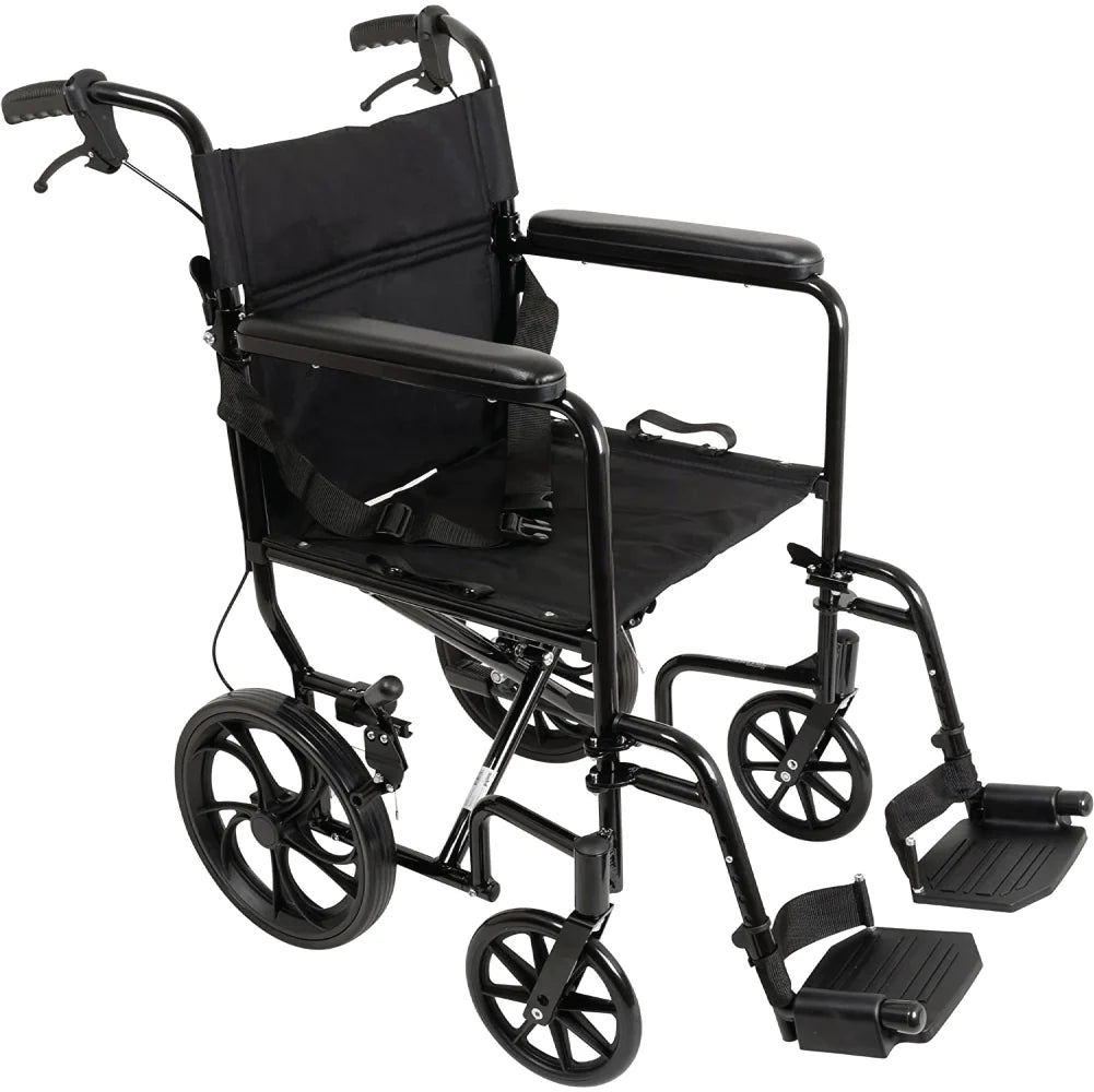 Black wheelchair with folding mechanism on a white background