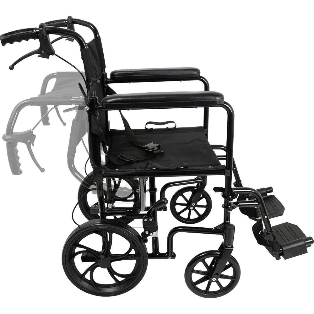Black wheelchair with attached walker on a white background