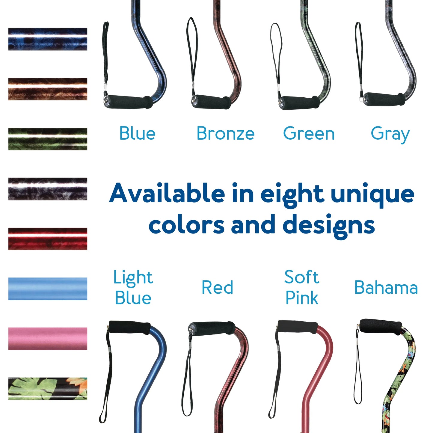 Color swatches and examples of handles in various colors on a white background
