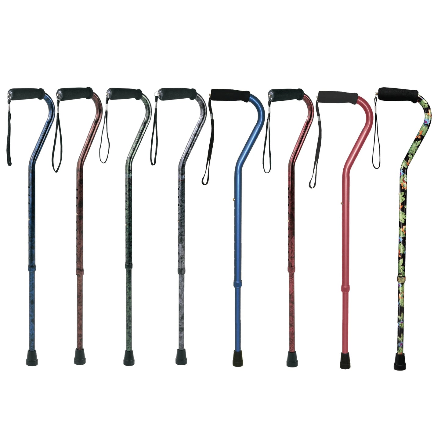 Set of walking canes in various colors on a white background