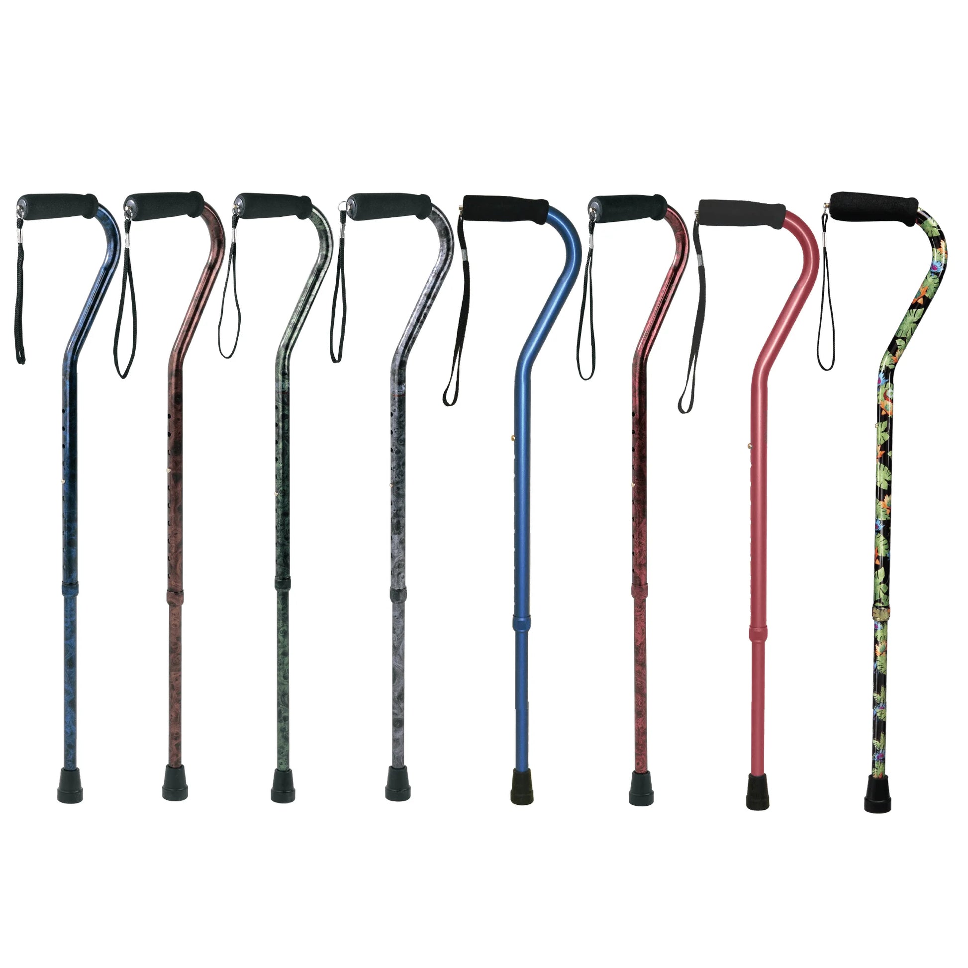 Set of walking canes in various colors on a white background