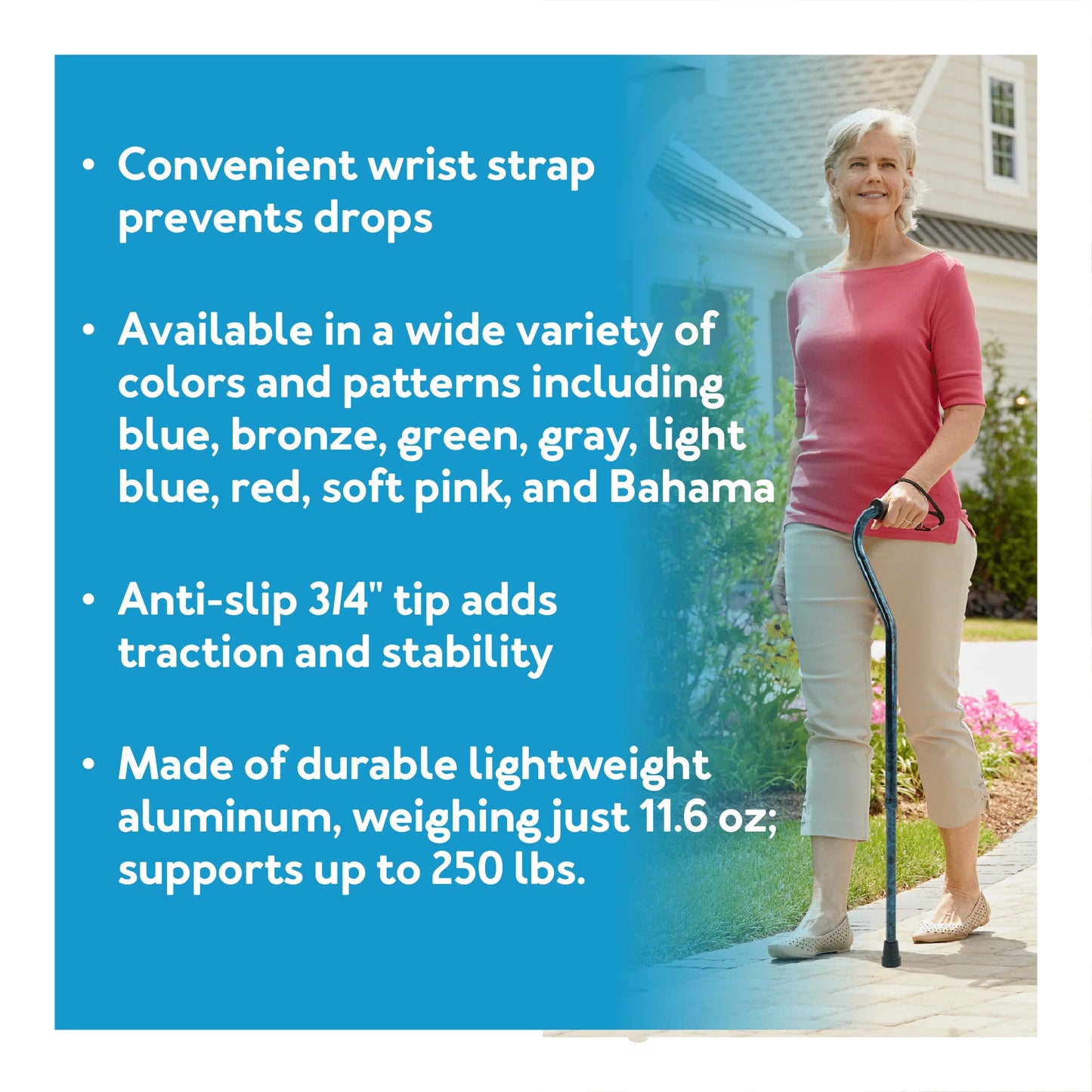Woman holding a walking cane with product features listed on a blue background