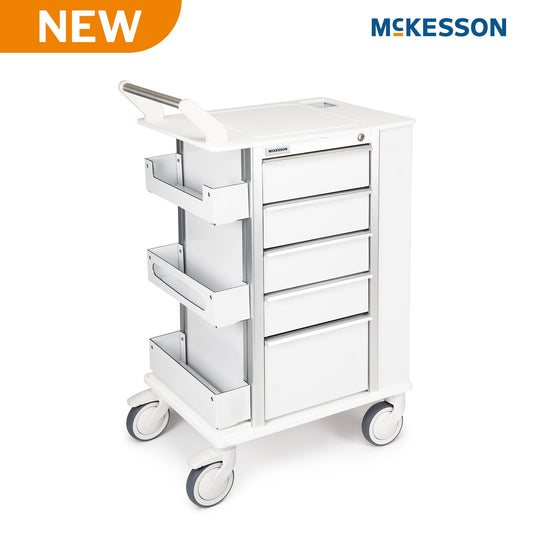 White medical cart with drawers on wheels, featuring McKesson branding.