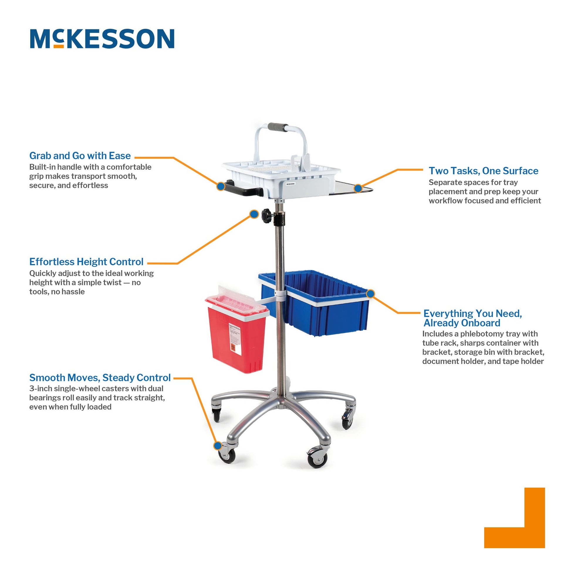 McKesson medical cart with features highlighted on a white background