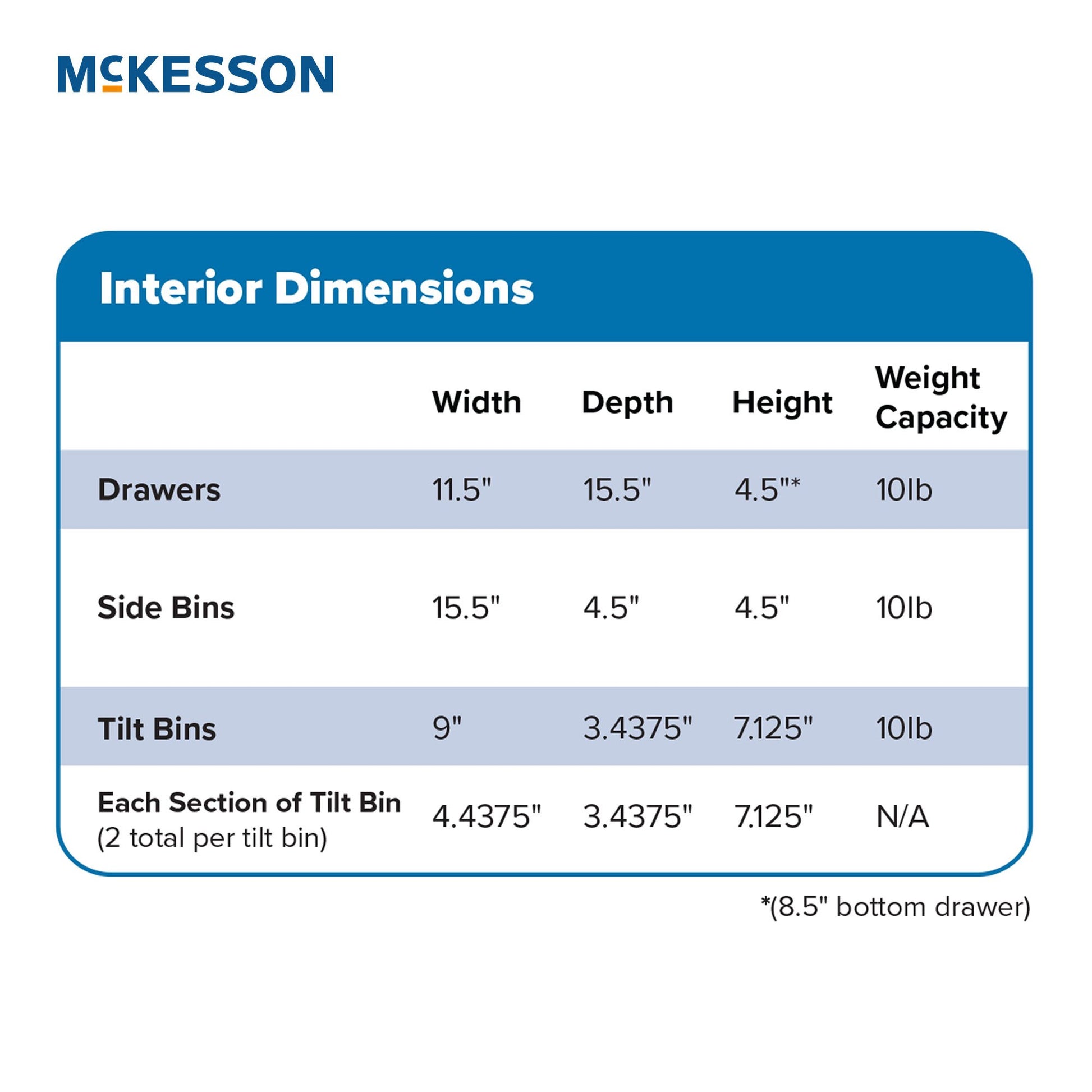 McKesson interior dimensions chart for drawers, side bins, and tilt bins on a white background