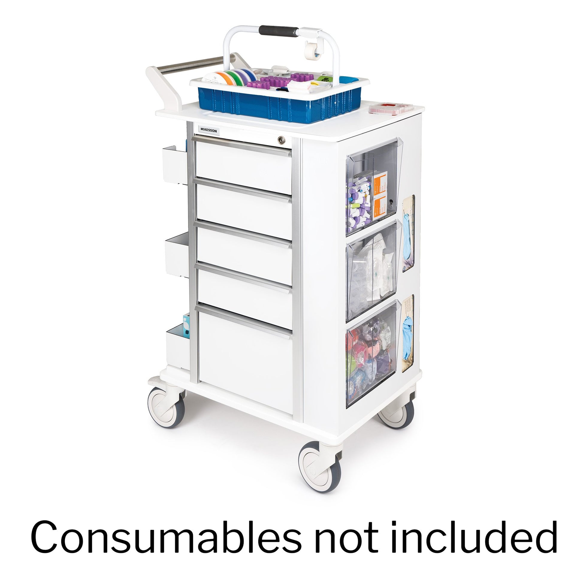 White medical cart with drawers and storage compartments on a white background