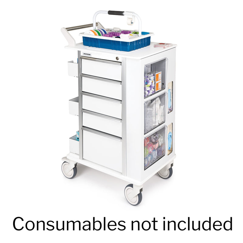 White medical cart with drawers and storage compartments on a white background