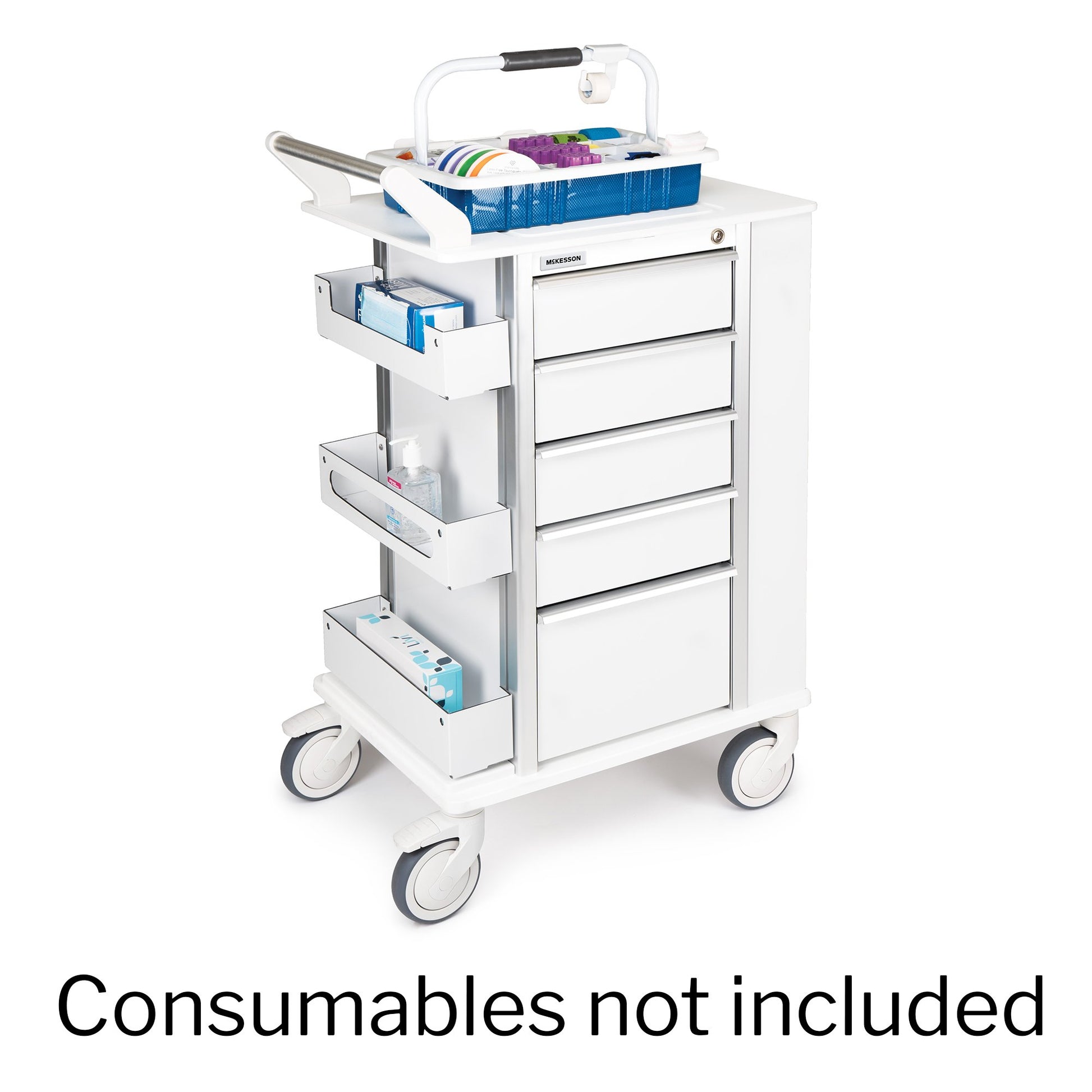 White medical cart with drawers and supplies on a white background