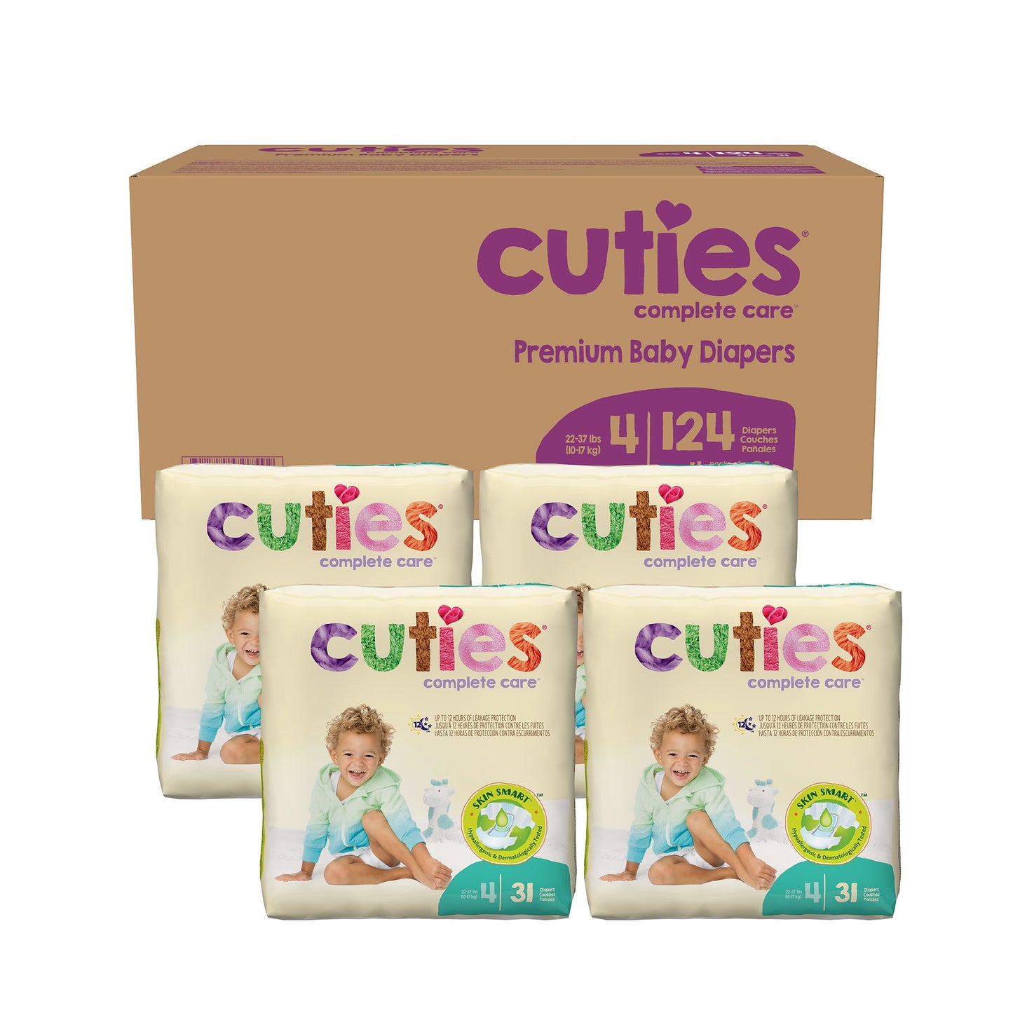 Carton of Cuties premium baby diapers with multiple packages displayed in front.