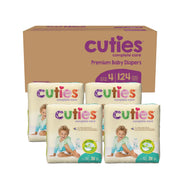 Carton of Cuties premium baby diapers with multiple packages displayed in front.