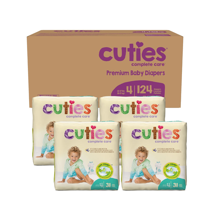 Carton of Cuties premium baby diapers with multiple packages displayed in front.