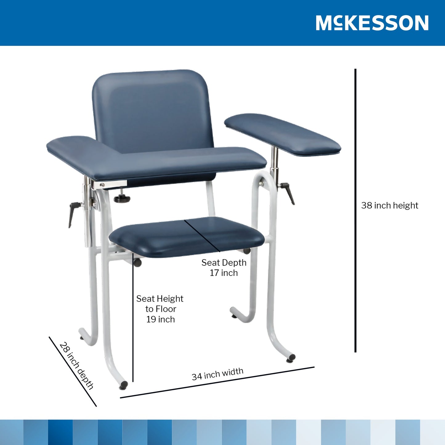 Blue medical examination chair with dimensions labeled, featuring the McKesson brand.