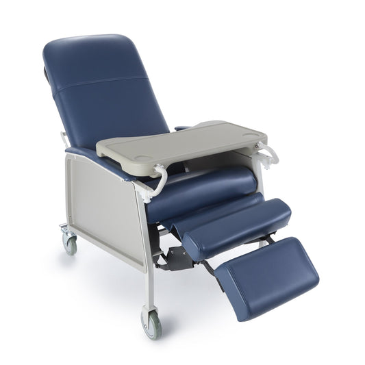 Blue recliner chair with a tray on a white background