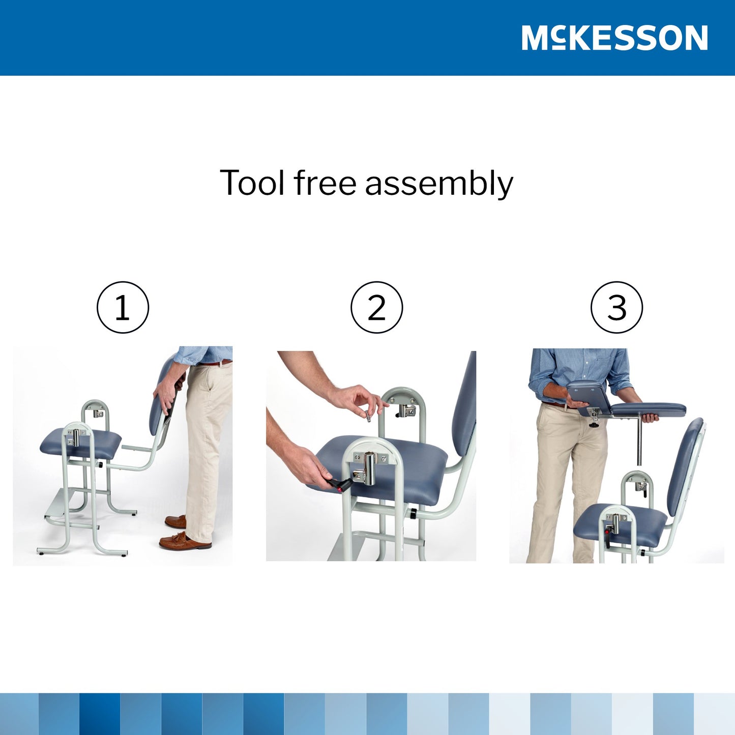 Step-by-step assembly process of a McKesson product with labeled steps and person interacting with it.