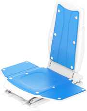 A white and blue foldable stadium-style seat with a high backrest, shown on a plain white background.