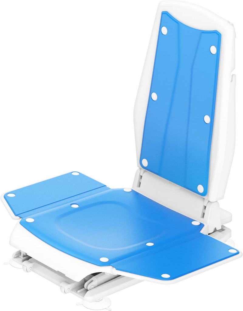A white and blue foldable stadium-style seat with a high backrest, shown on a plain white background.
