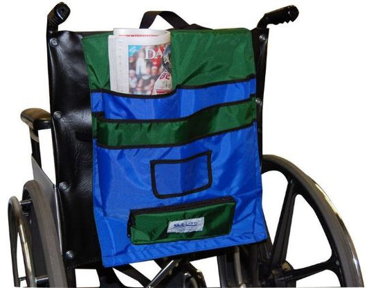 Wheelchair bag with blue and green compartments attached to a wheelchair.