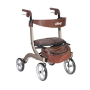 Rollator with brown seat and armrests on a white background