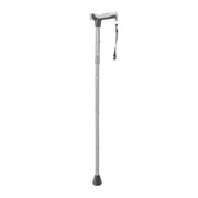 Silver walking cane with a black handle on a white background