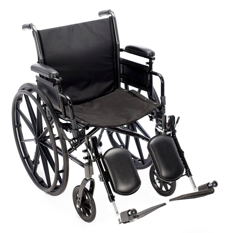 Black manual wheelchair with various attachments on a white background