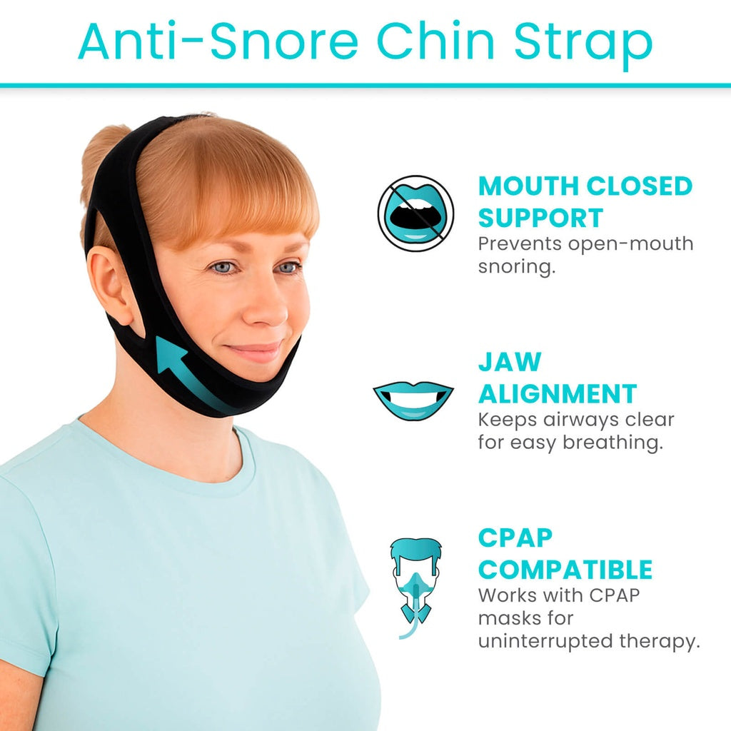 Woman wearing an anti-snore chin strap with product features highlighted on a white background