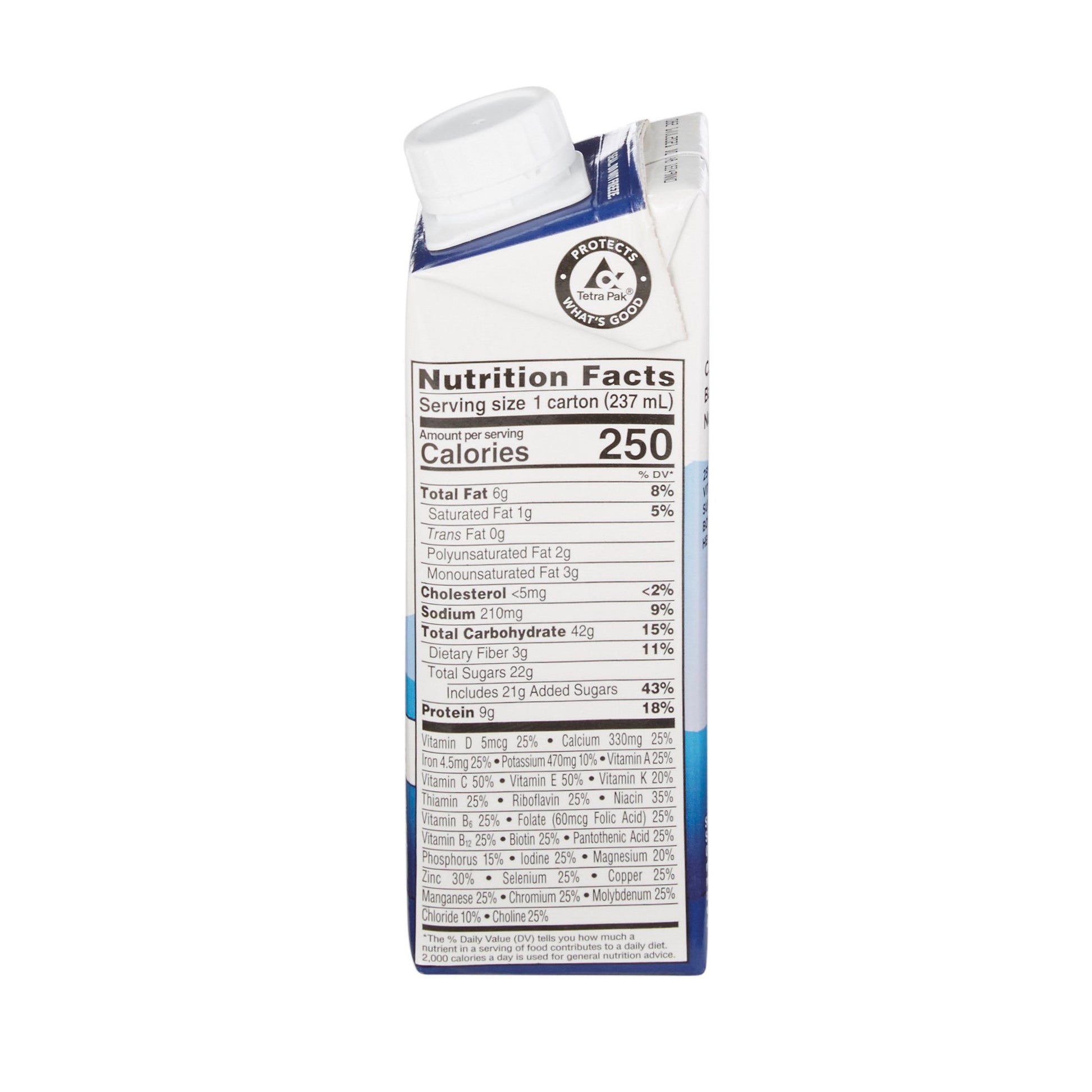 Nutrition facts label on a carton of milk with a white background