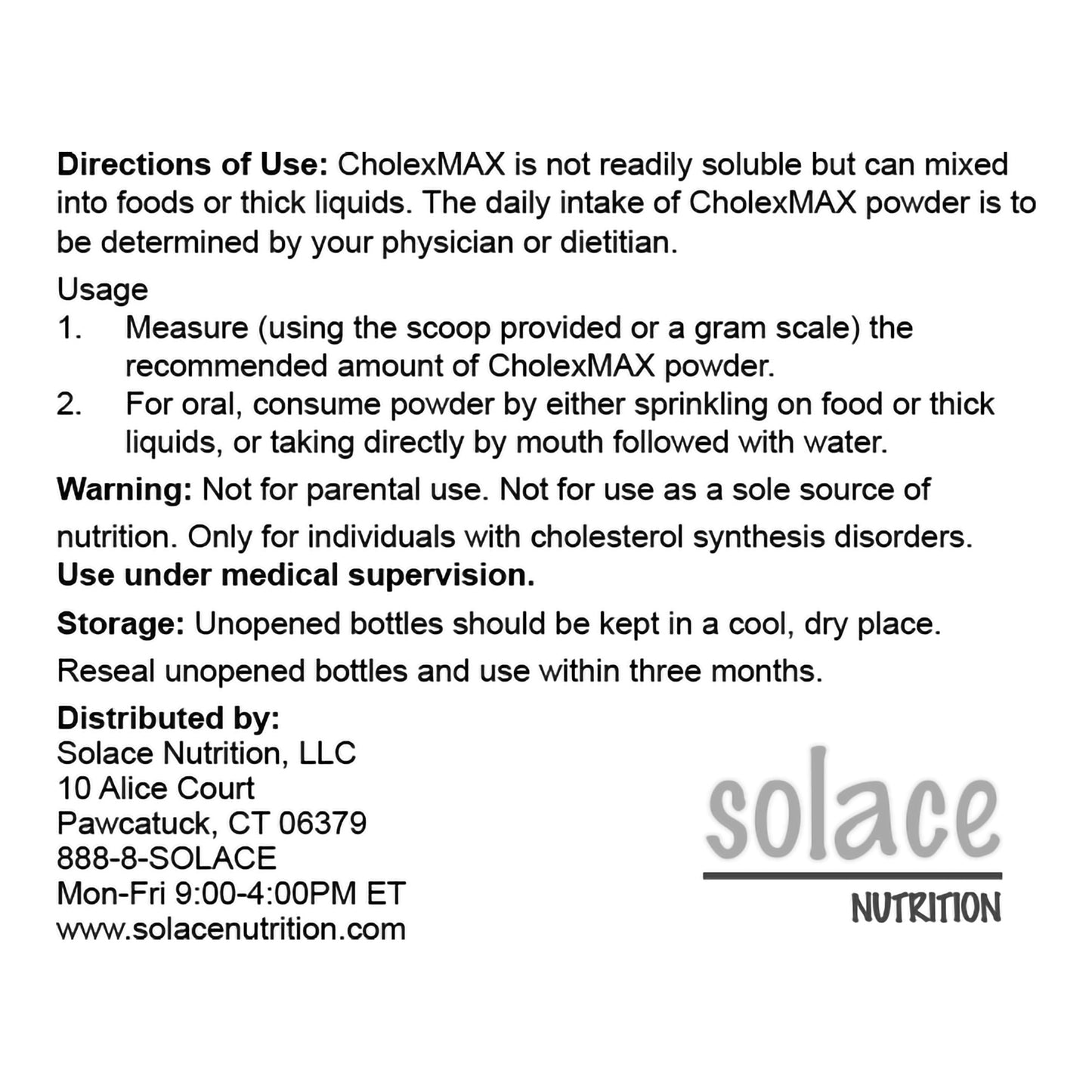 Directions for use and product information for CholexMAX powder on a white background.