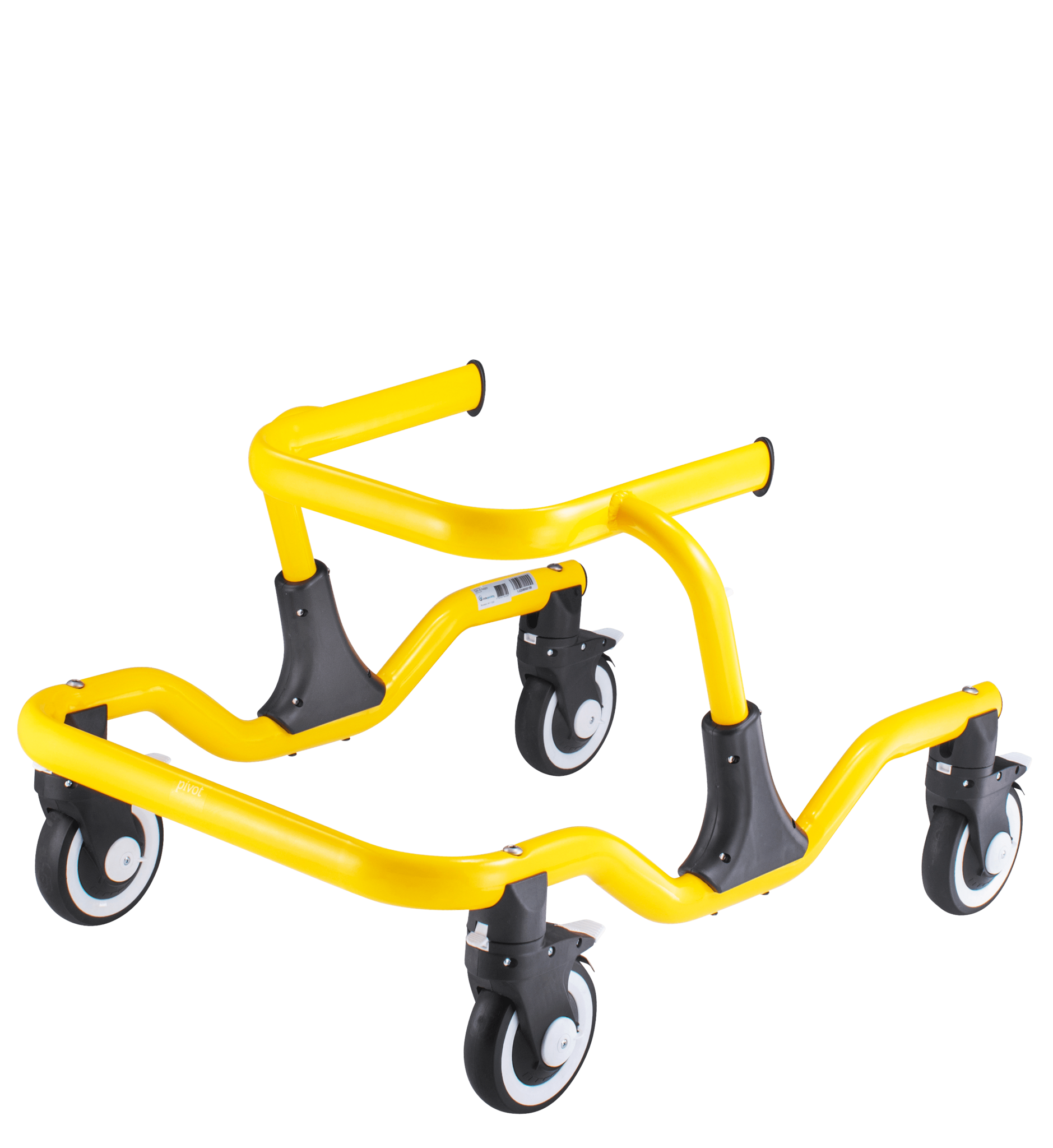 Yellow gait trainer with black wheels on a white background