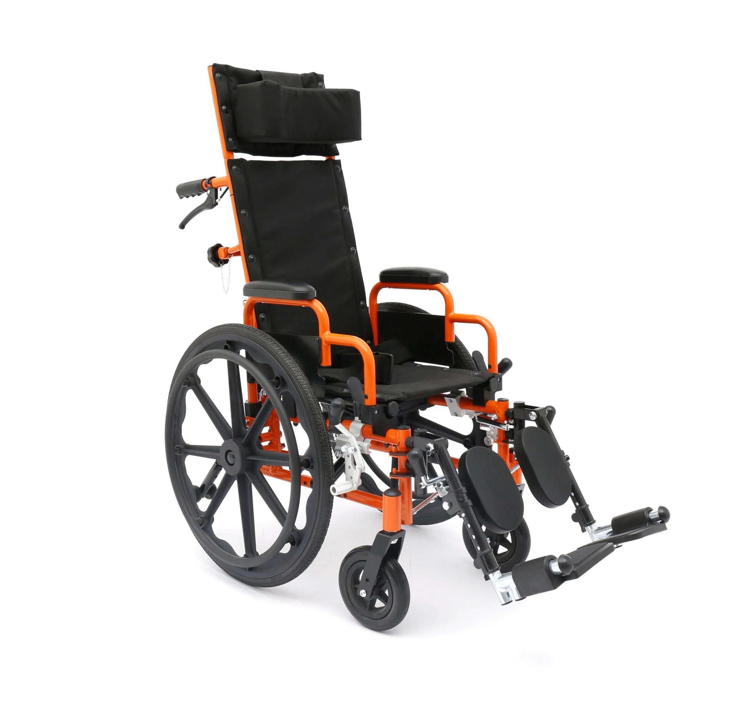 Wheelchair with orange frame and black seat on a white background