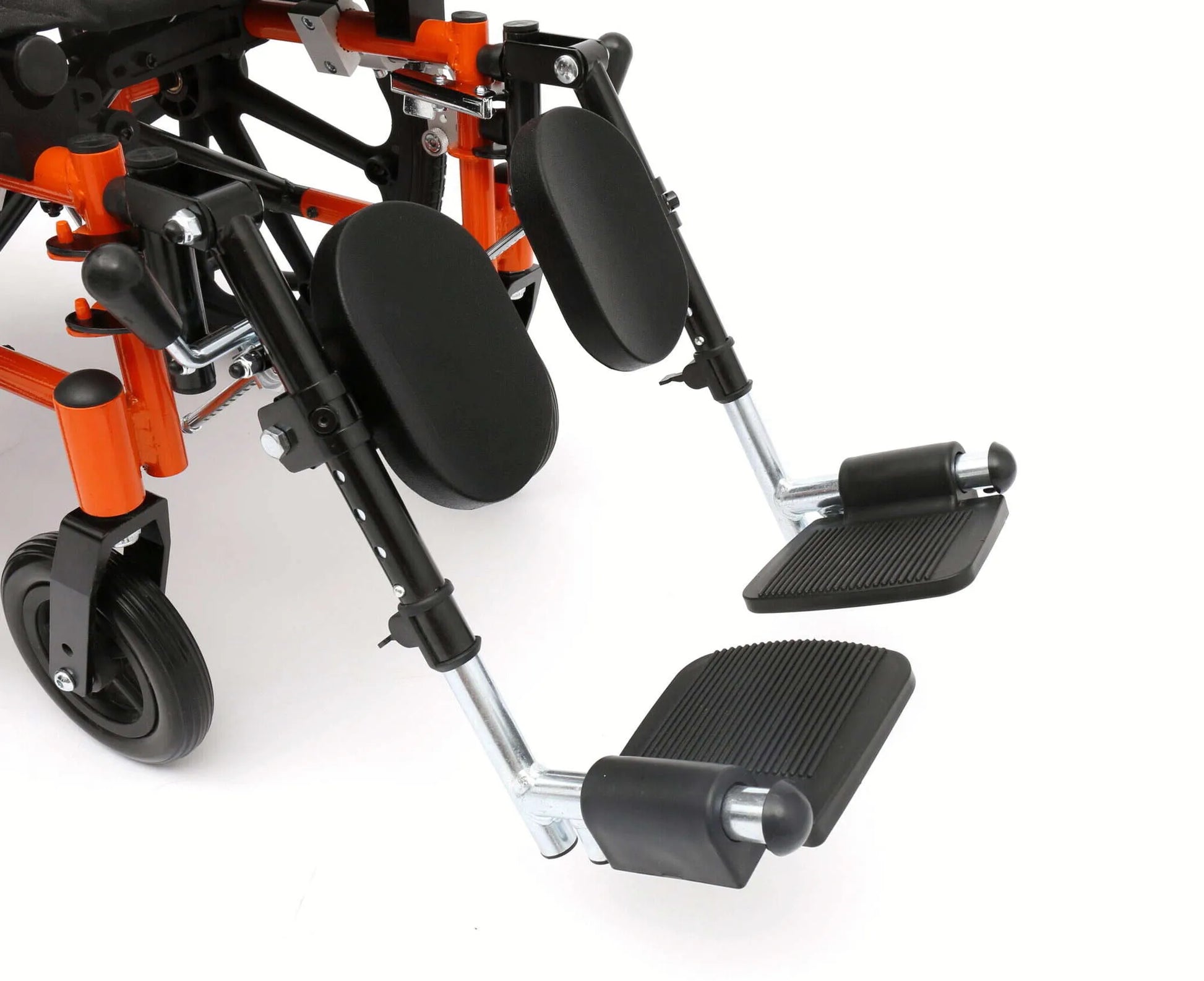 Close-up of a wheelchair with orange frame and black wheels on a white background