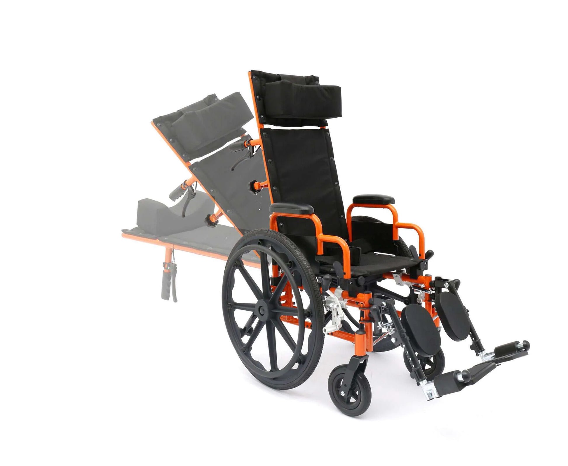 Wheelchair with reclining mechanism on a white background