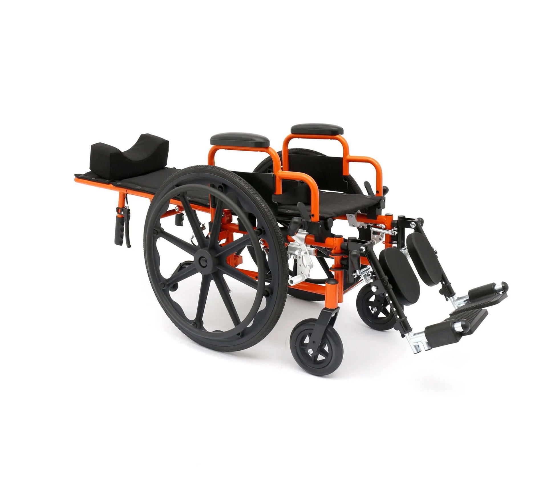Manual wheelchair with orange frame and black seat on a white background