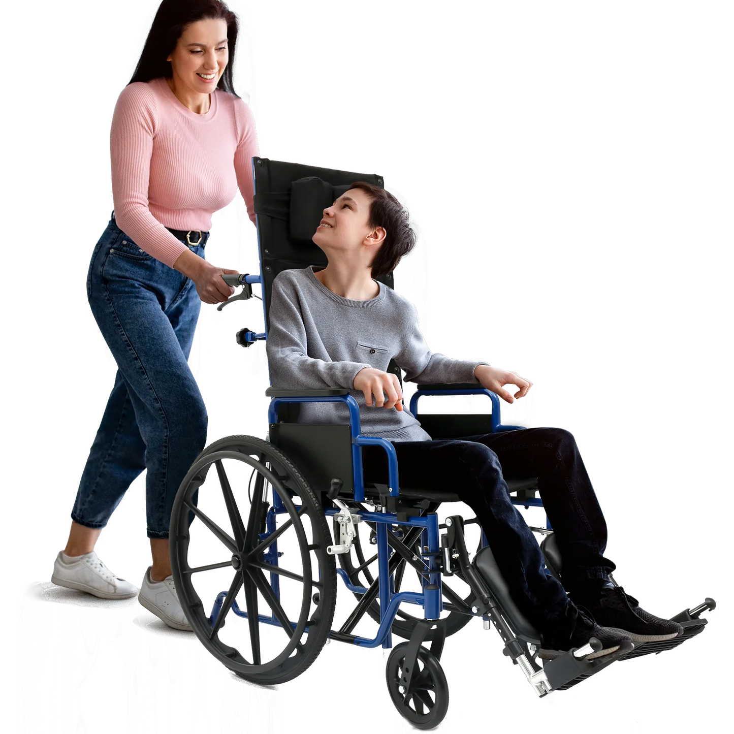 Person using a wheelchair with another person assisting them on a white background