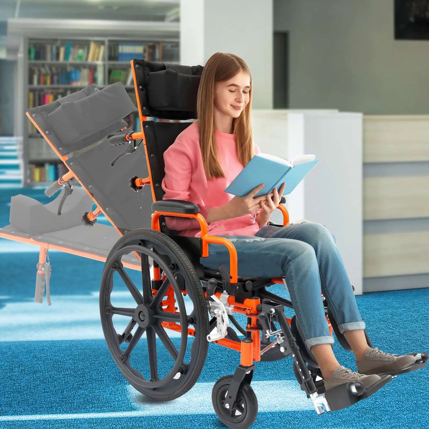 Person using a wheelchair reading a book in a modern indoor setting