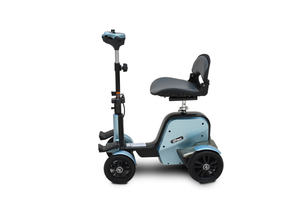 Blue mobility scooter with a seat on a white background