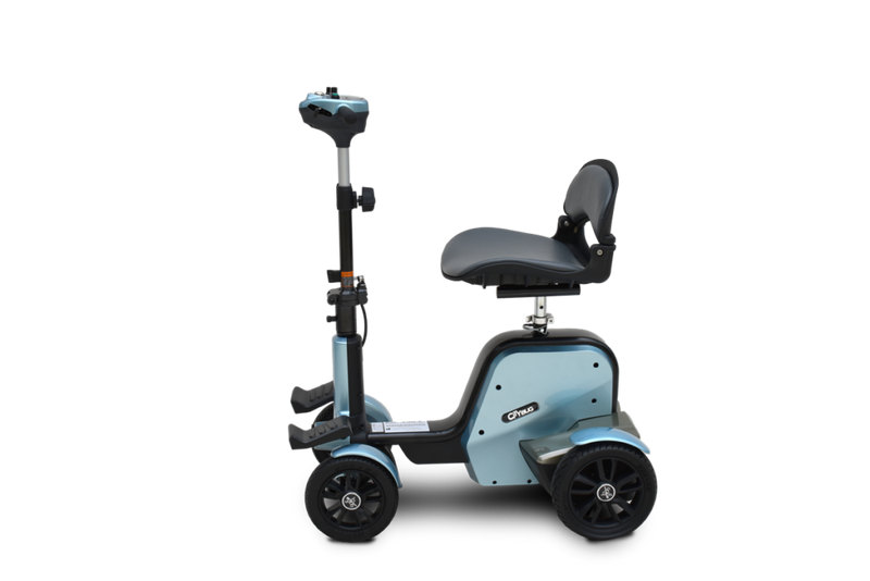 Blue mobility scooter with a seat on a white background