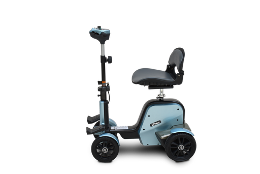 Blue mobility scooter with a seat on a white background