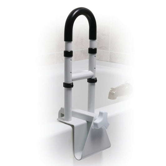 Bath safety rail with black handle and white base against a tiled bathroom wall.