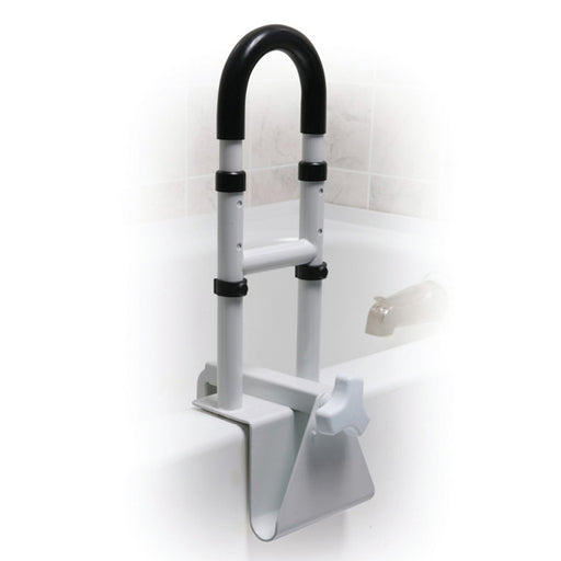 Bath safety rail with black handle and white base against a tiled bathroom wall.