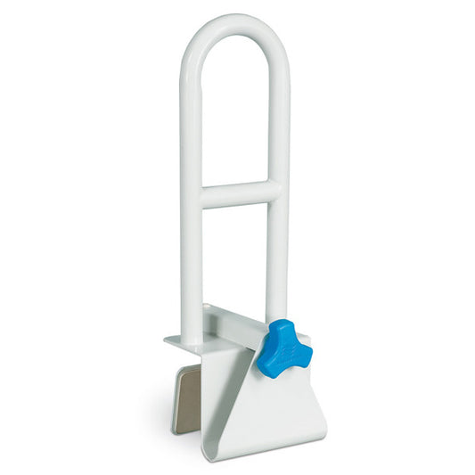 White grab bar with blue handle on a white background