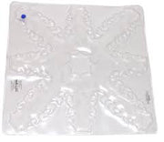 Clear plastic bag with a blue label on a white background
