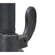 Close-up of a black microphone with a pop filter on a white background
